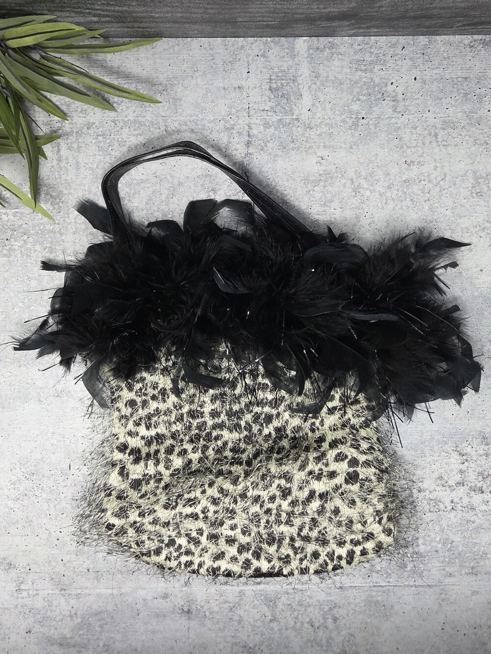 A.S. Giulia Original Leopard Print Black Feather Trimmed Bag